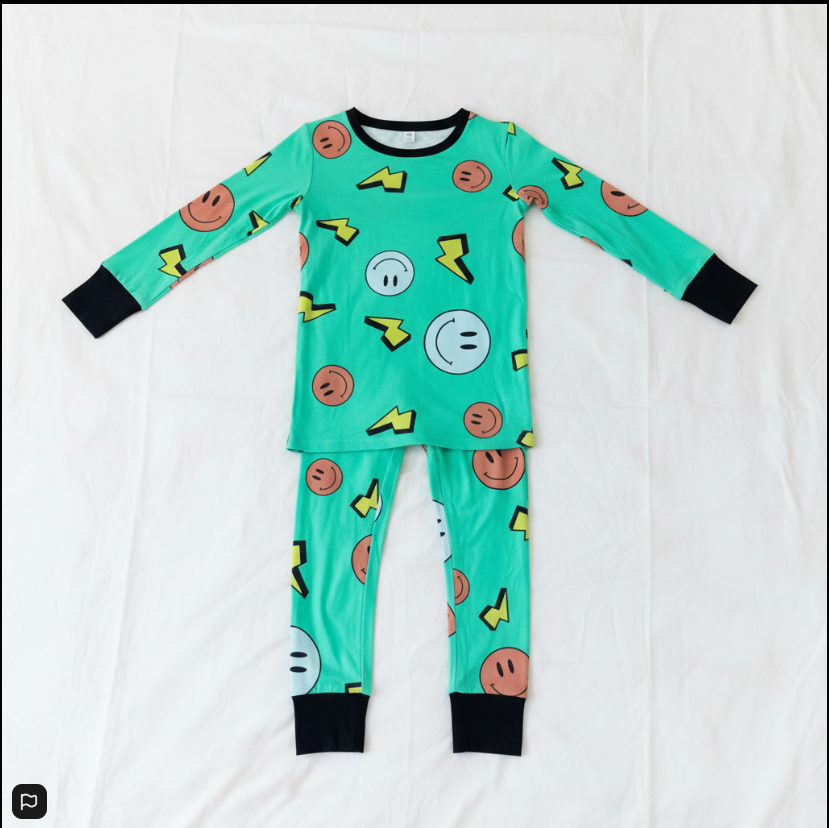 Charged & Cheesin Bamboo Pajama Set – Smiley Face 2-Piece Sleepwear for Kids