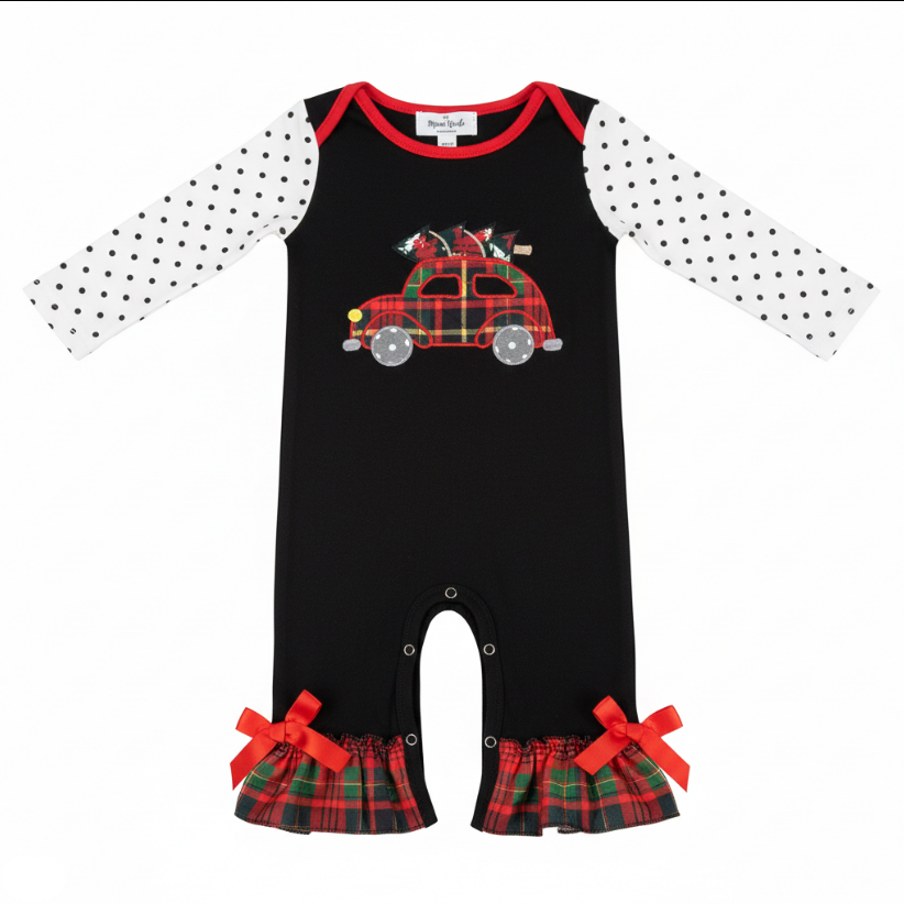 Girls Christmas Plaid Car Romper – Holiday Ruffle Outfit with Tree Appliqué