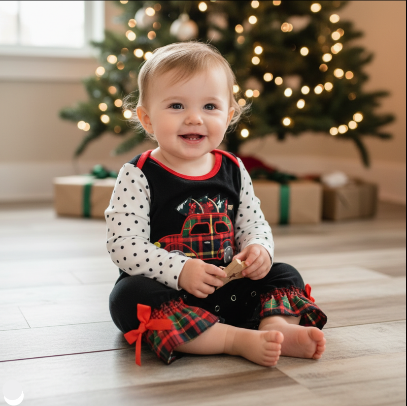Girls Christmas Plaid Car Romper – Holiday Ruffle Outfit with Tree Appliqué