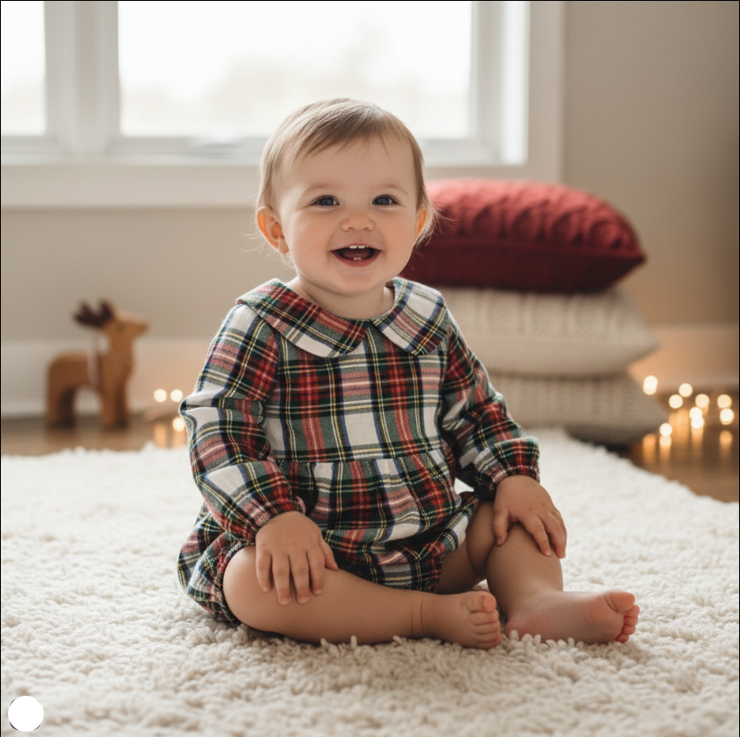 Girls Holiday Plaid Bubble Romper – Classic Winter Peter Pan Collar Outfit