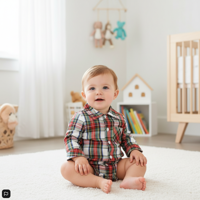 Boys Holiday Plaid Button-Up Romper – Classic Tartan Long Sleeve Outfit