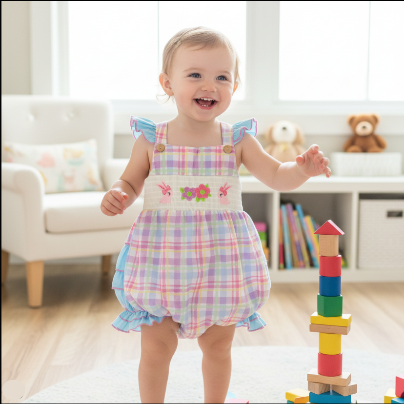 Girls Easter Bunny Bubble Romper – Pastel Plaid with Ruffle Trim & Embroidery