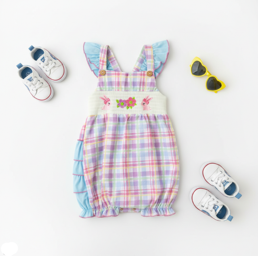 Girls Easter Bunny Bubble Romper – Pastel Plaid with Ruffle Trim & Embroidery