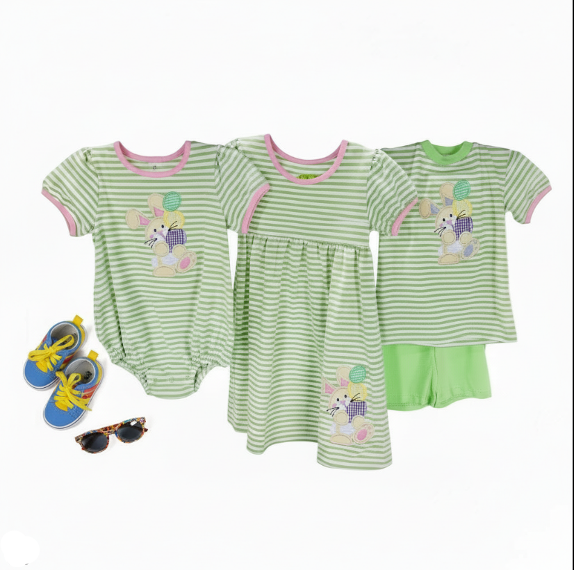 Easter Bunny Green Stripe Outfit Set – Sibling Matching Romper, Dress & Shorts