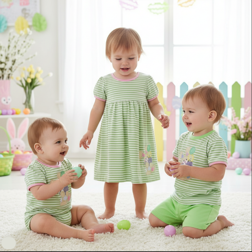 Easter Bunny Green Stripe Outfit Set – Sibling Matching Romper, Dress & Shorts