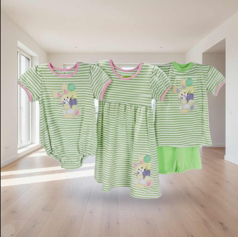 Easter Bunny Green Stripe Outfit Set – Sibling Matching Romper, Dress & Shorts