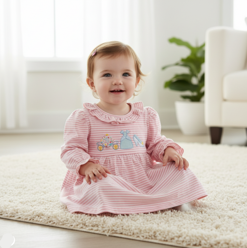 Girls Fairytale Princess Bloomer Set – Pink Striped Long Sleeve Dress with Embroidery