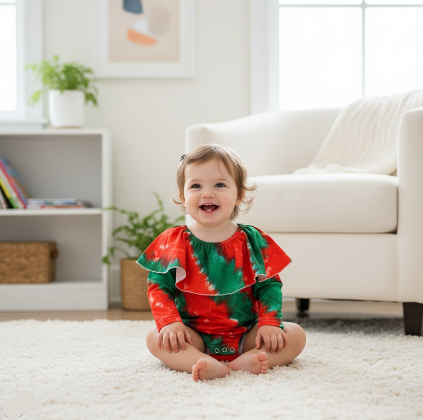 Girls Red & Green Tie-Dye Romper with Headband – Ruffle Shoulder Holiday Outfit