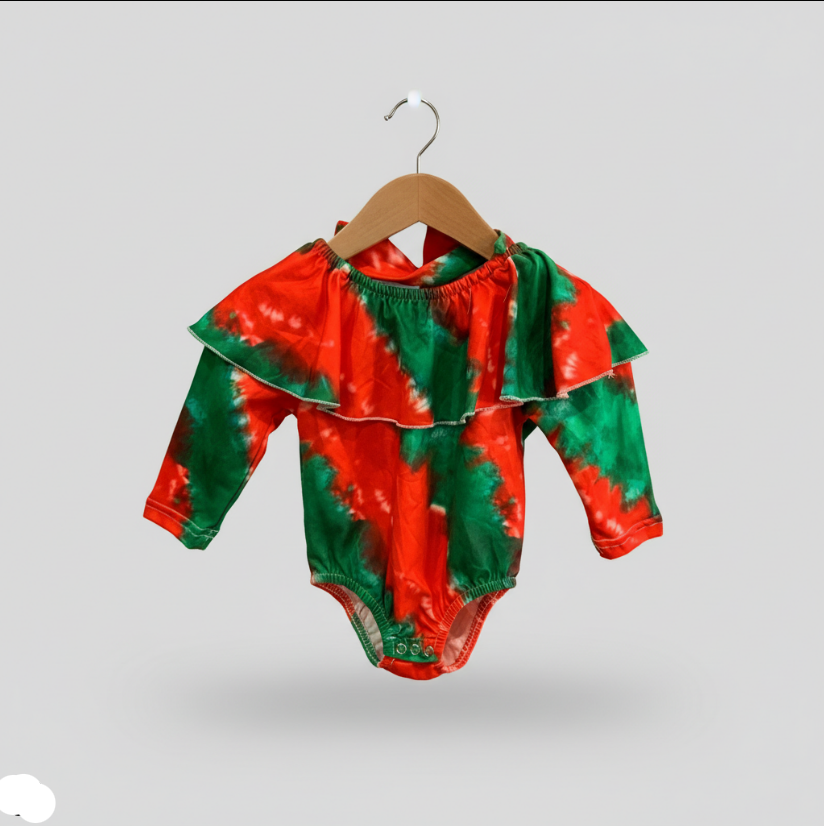 Girls Red & Green Tie-Dye Romper with Headband – Ruffle Shoulder Holiday Outfit