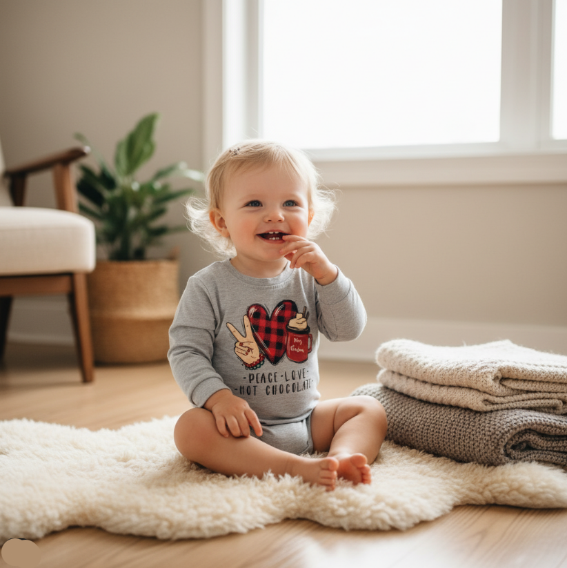 Peace Love Hot Chocolate Romper – Grey Christmas Crew Neck Baby Outfit