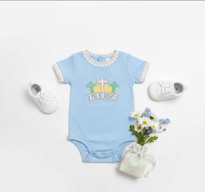 He Is Risen Baby Bubble Romper – Blue Easter Outfit with Cross & Sunburst Embroidery
