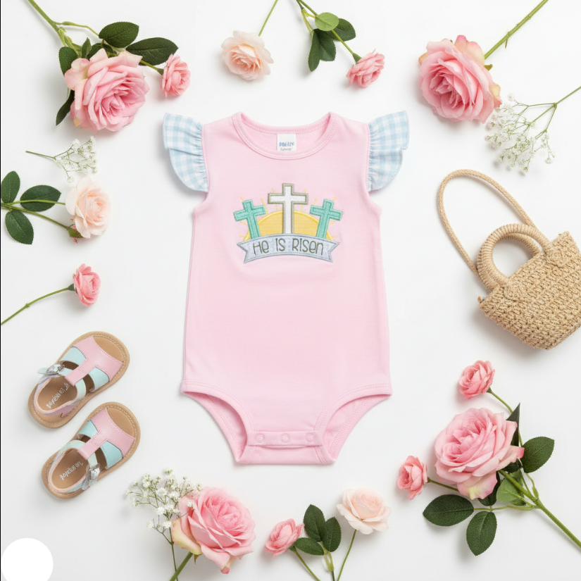 Pink baby onesie with 'He is Risen' text, surrounded by flowers and a small bag on a white background