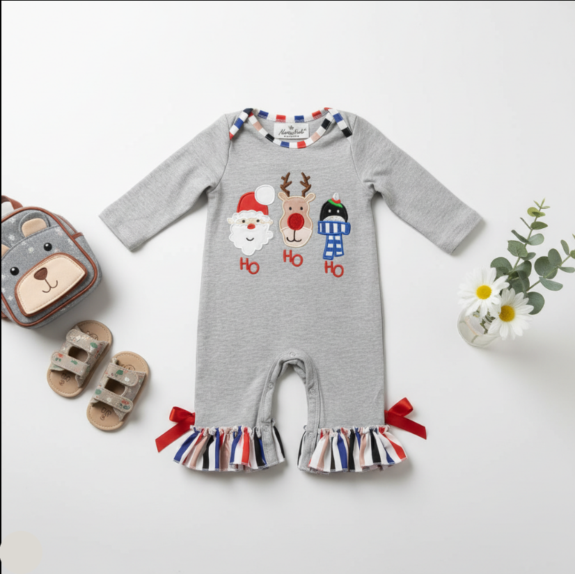 Girls HO HO HO Christmas Romper – Striped Ruffle Cuffs & Holiday Character Embroidery