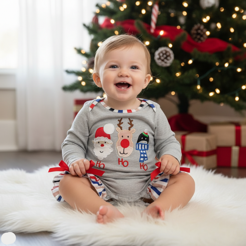 Child wearing a Christmas-themed outfit with a tree and presents in the background