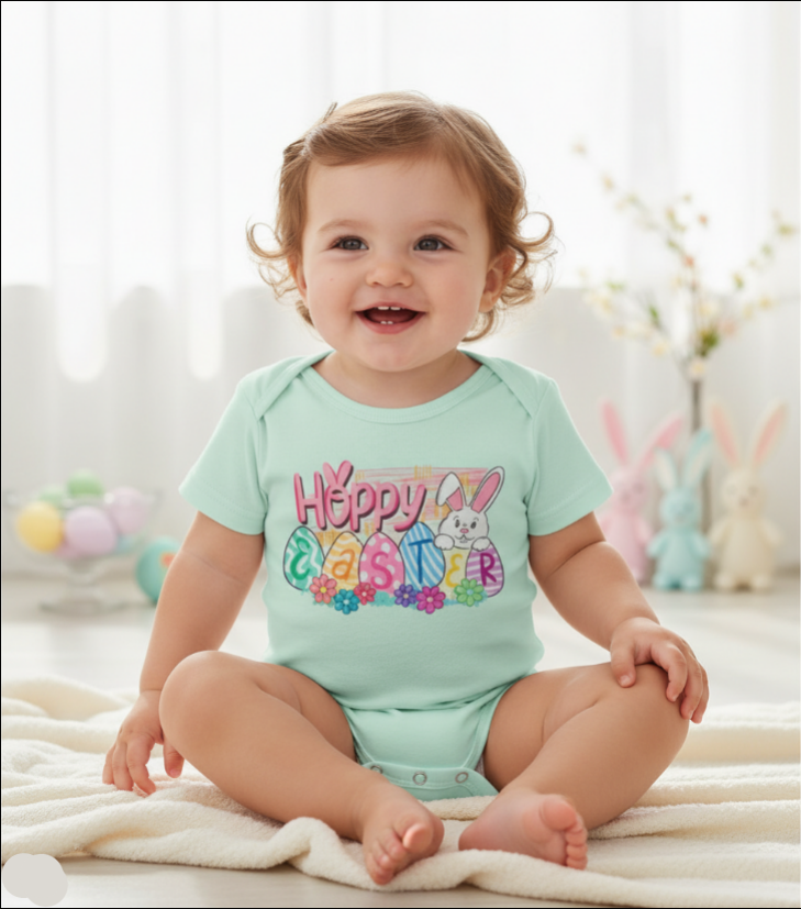 Child wearing a 'Happy Easter' onesie sitting on a white blanket with pastel decorations in the background.