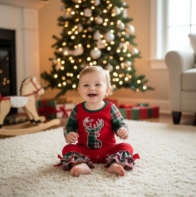 Child in a red and green outfit with a reindeer design sitting on a carpet in front of a Christmas tree.