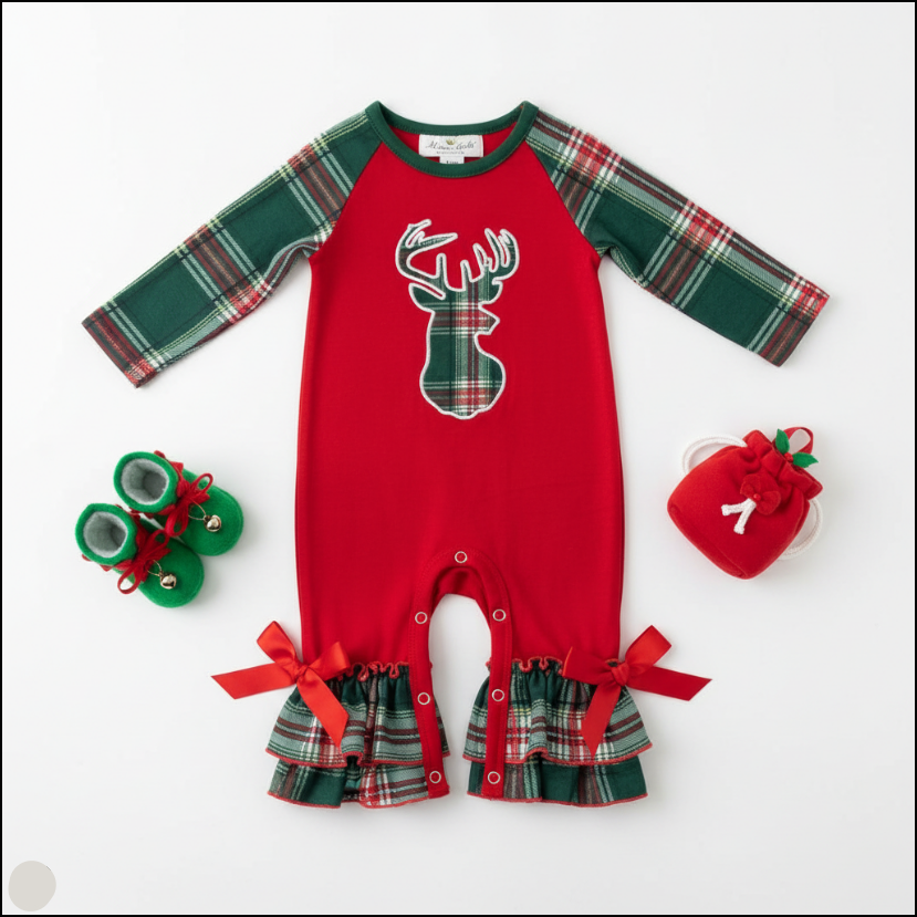 Red baby romper with reindeer design, green and plaid accents, and matching shoes on a white background.