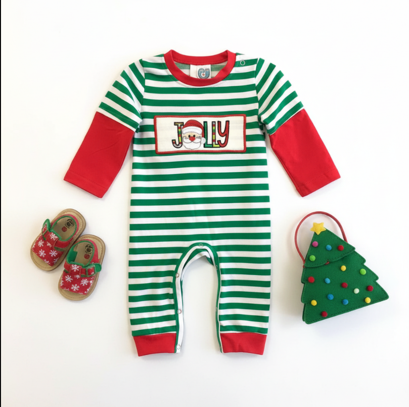Jolly Santa Stripe Christmas Romper – Green & White Baby Outfit with Red Sleeves