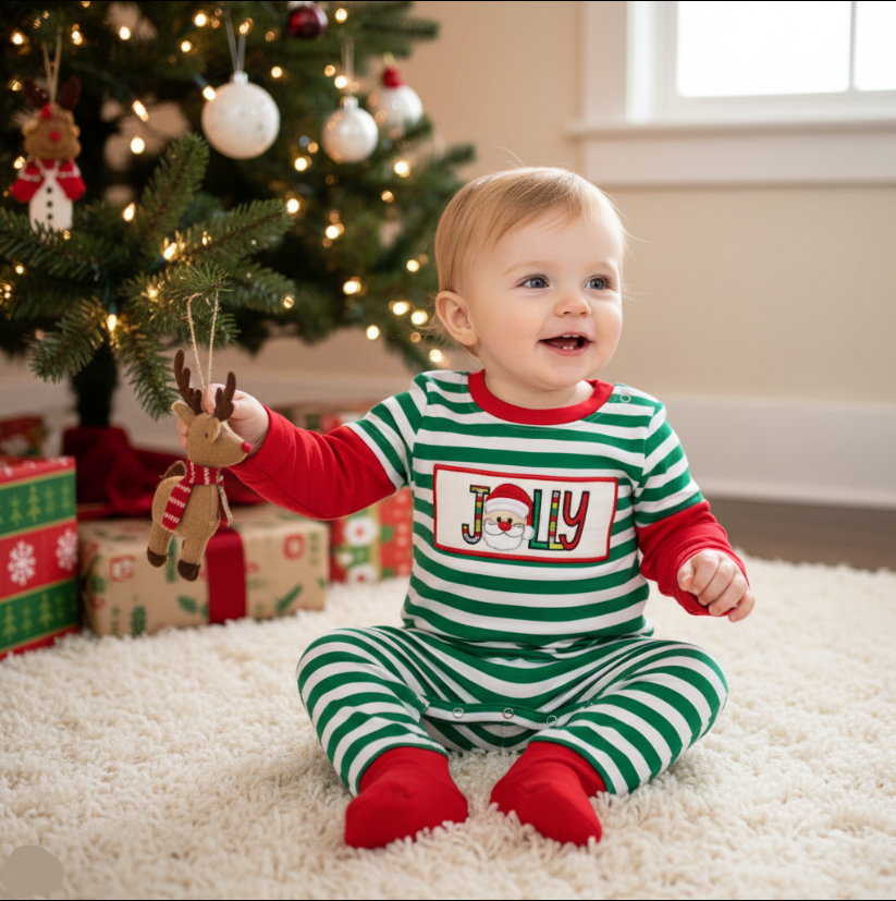 Child wearing a green and red striped outfit with 'Jolly' text, sitting in front of a decorated Christmas tree.