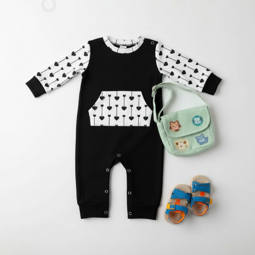 Love in the Wild Valentine Romper – Black Baby Outfit with Arrow & Heart Print Sleeves