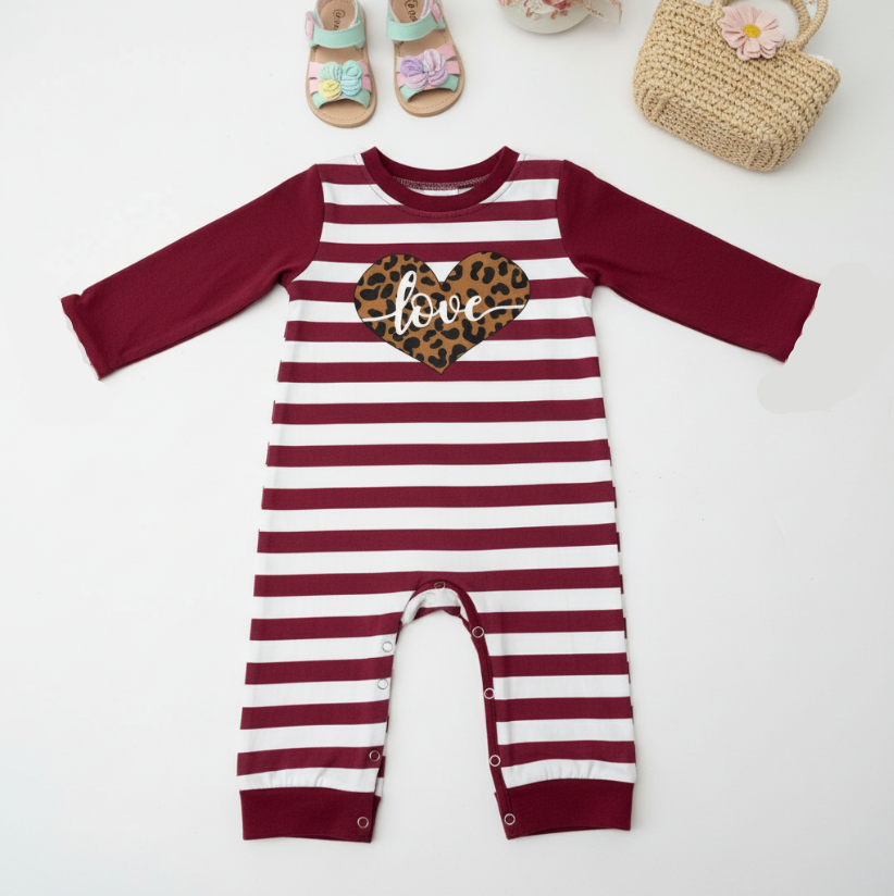 Girls Leopard Heart Valentine Romper – Maroon Stripe Baby Outfit with “Love” Appliqué