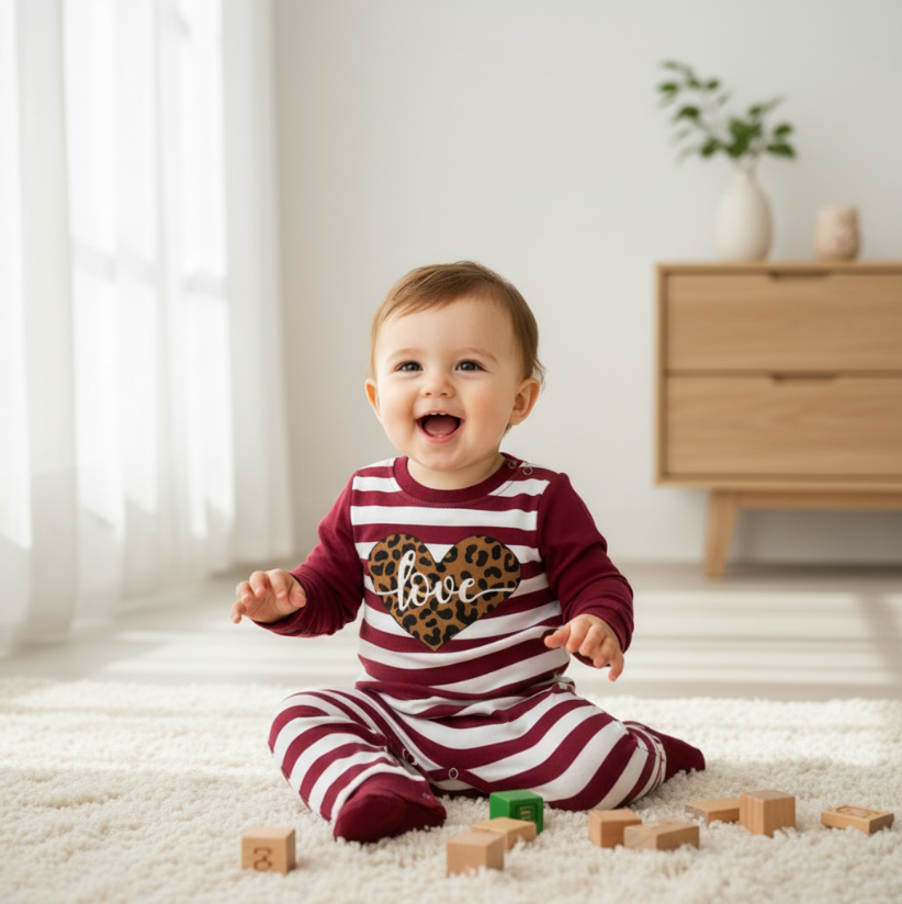 Girls Leopard Heart Valentine Romper – Maroon Stripe Baby Outfit with “Love” Appliqué