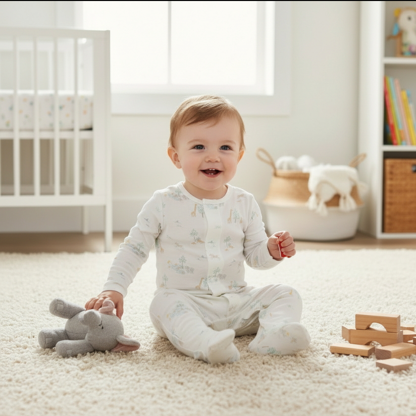 Magnetic Me White Safari Footie – Modal Baby Sleeper with Animal Print & Magnetic Closures