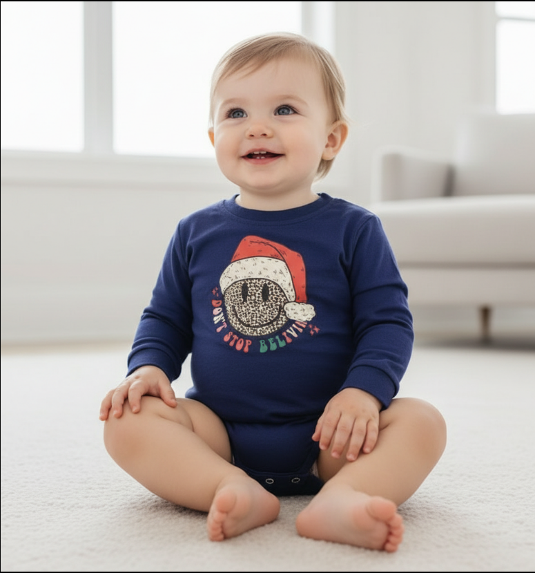 Baby Merry & Bright Crew Neck – Navy Holiday Sweatshirt with Leopard Smiley & Santa Hat