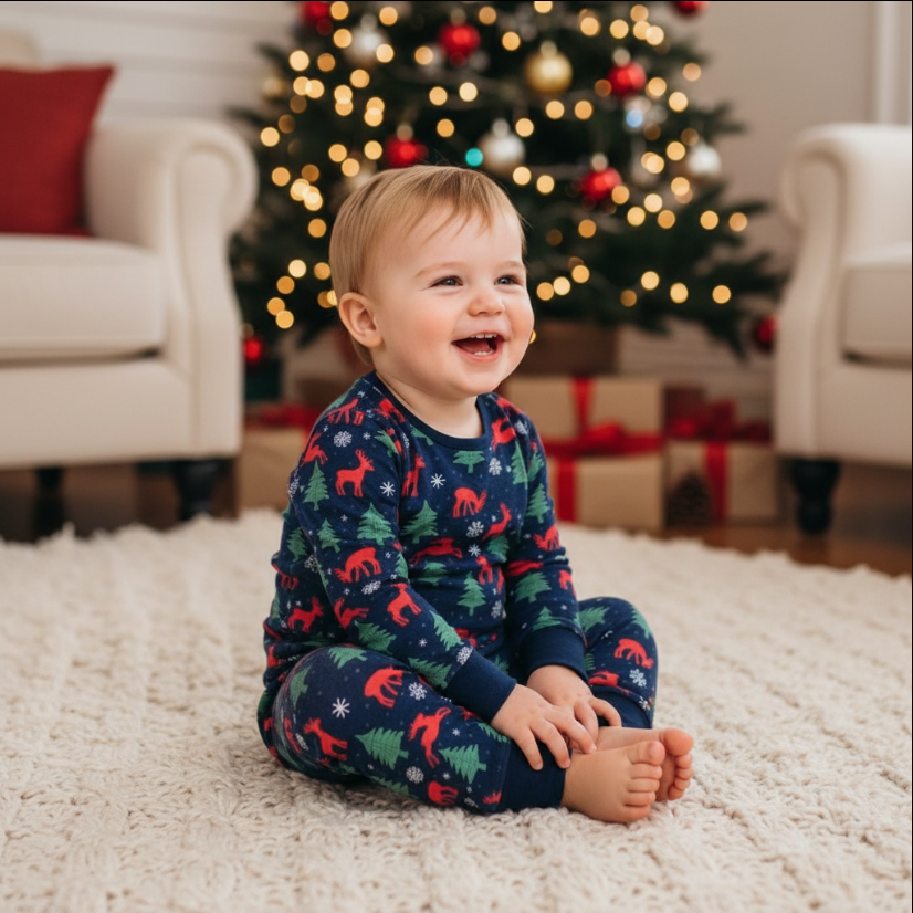 Baby Navy Forest Christmas Pajama Set – Reindeer, Tree & Snowflake Print Holiday Sleepwear