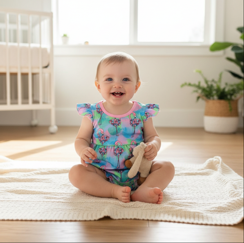 Girls Tropical Flamingo Romper – Puff Sleeve Baby Outfit with Floral Print & Pastel Gradient