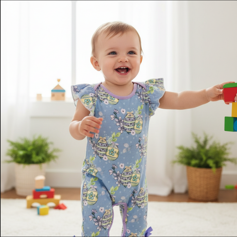 Girls Easter Egg Romper – Ruffle Sleeve Baby Outfit with Purple Trim & Spring Print