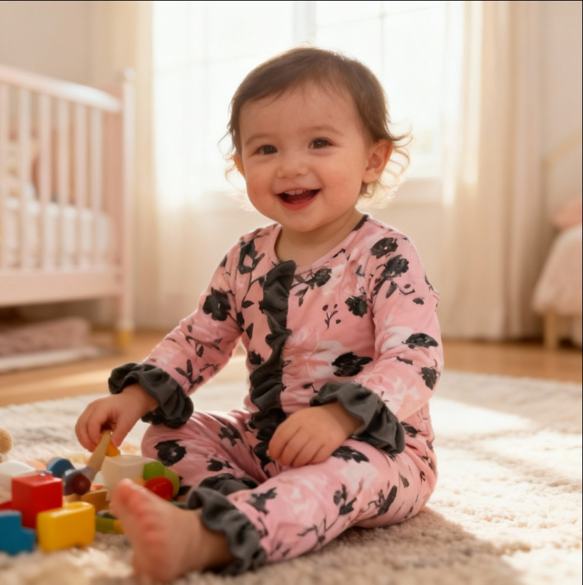 Girls Pink & Gray Floral Velvet Romper – Ruffle Trim Baby Outfit for Fall & Winter