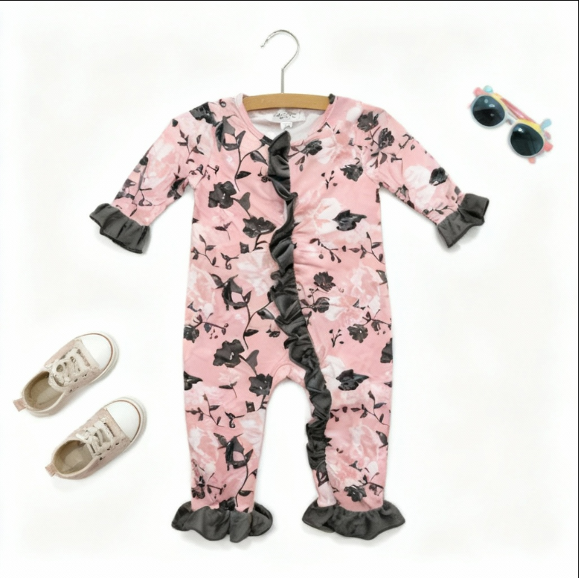 Girls Pink & Gray Floral Velvet Romper – Ruffle Trim Baby Outfit for Fall & Winter