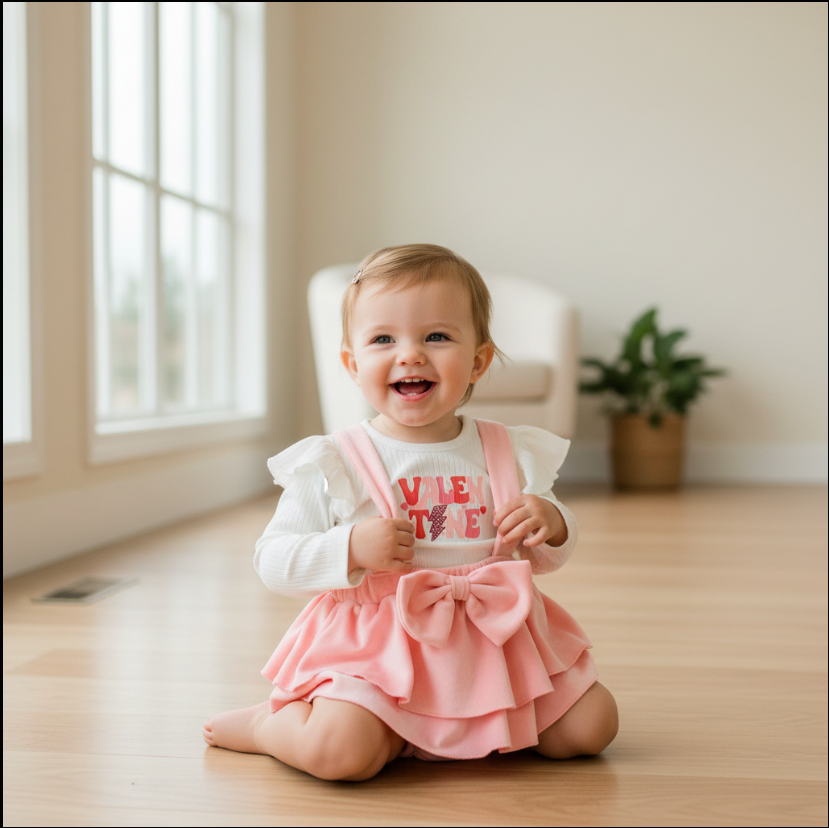 Girls Valentine Suspender Skirt Set – Pink Velvet Overalls with “VALENTINE” Top & Ruffle Sleeves