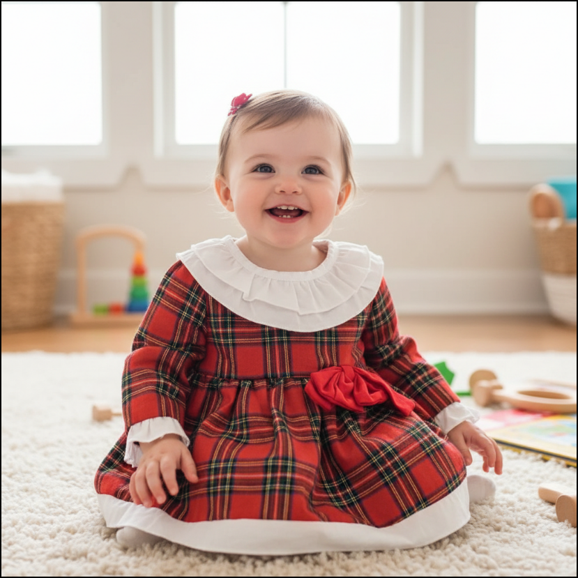 Girls Holiday Plaid Dress Set – Red Bow Tartan Outfit with Ruffle Bloomers & White Collar