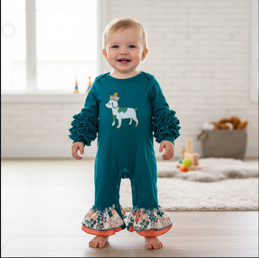 Girls Royal Pups Ruffle Romper – Teal Baby Outfit with Crowned Dog Embroidery & Floral Trim