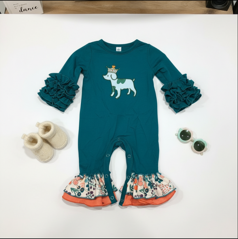 Girls Royal Pups Ruffle Romper – Teal Baby Outfit with Crowned Dog Embroidery & Floral Trim