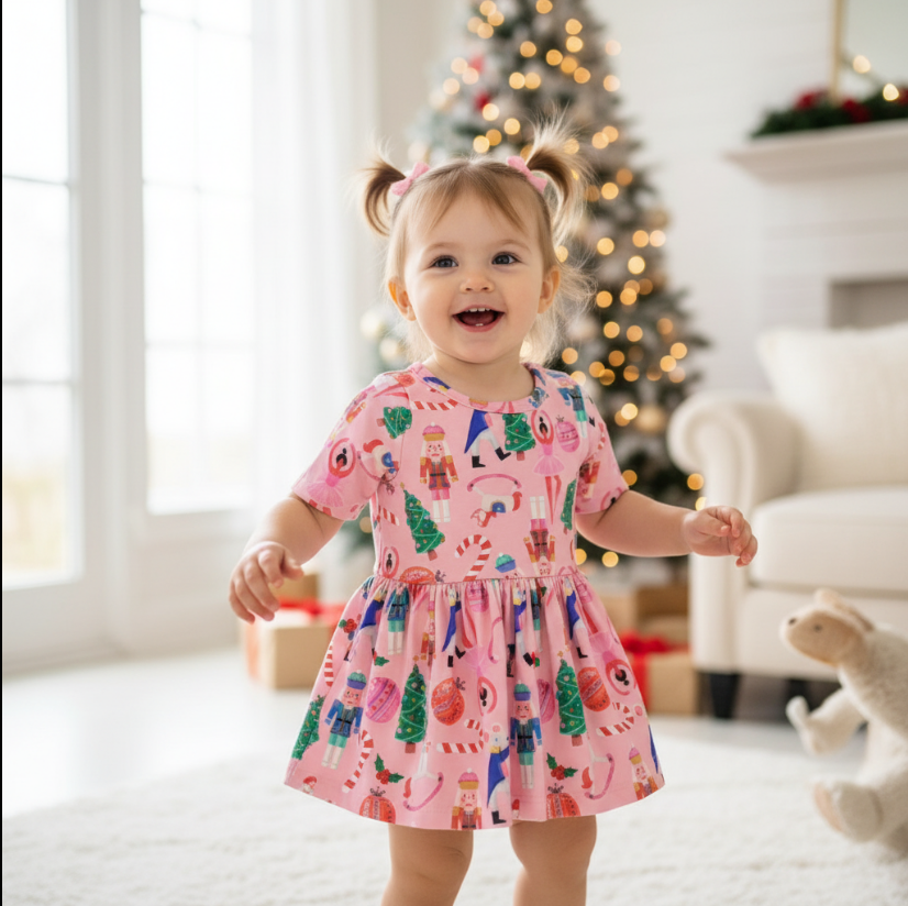 Girls Sugarplum Fairy Twirl Bodysuit – Pink Holiday Dress with Nutcracker Print & Flared Skirt