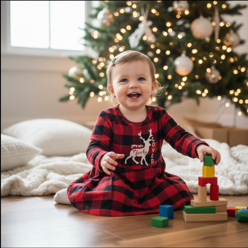 Girls “Deerly Loved” Plaid Romper – Red Buffalo Check Baby Outfit with Deer Appliqué & Ruffle Trim