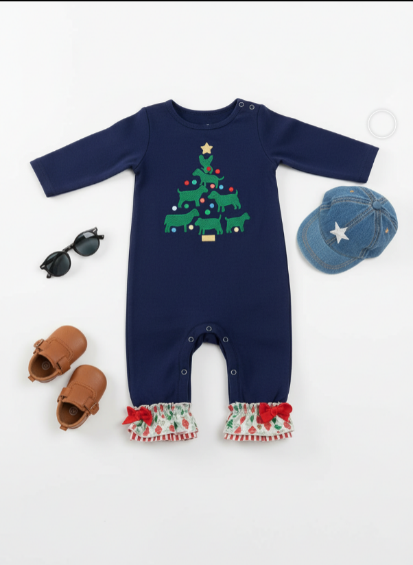Girls Farm Animal Christmas Tree Onesie – Navy Holiday Bodysuit with Ruffle Cuffs & Red Bows