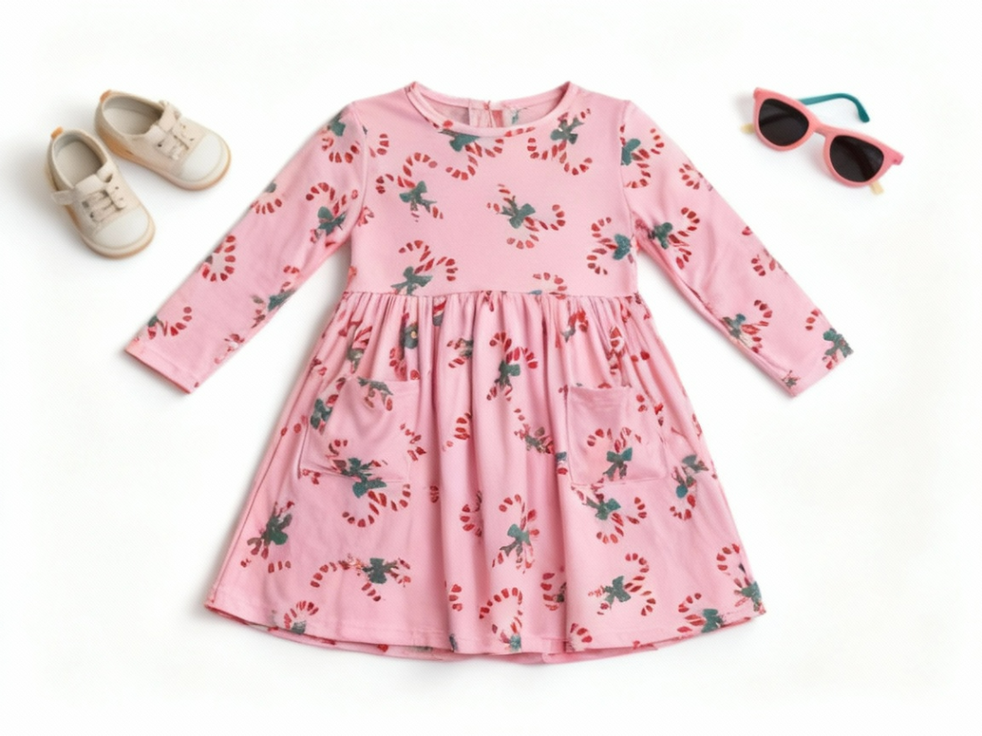 Girls Candy Cane Twirl Dress – Pink Holiday Outfit with Green Bows & Front Pockets