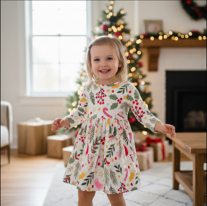 Girls Holly Jolly Christmas Dress – White 3/4 Sleeve Twirl Outfit with Festive Holiday Print
