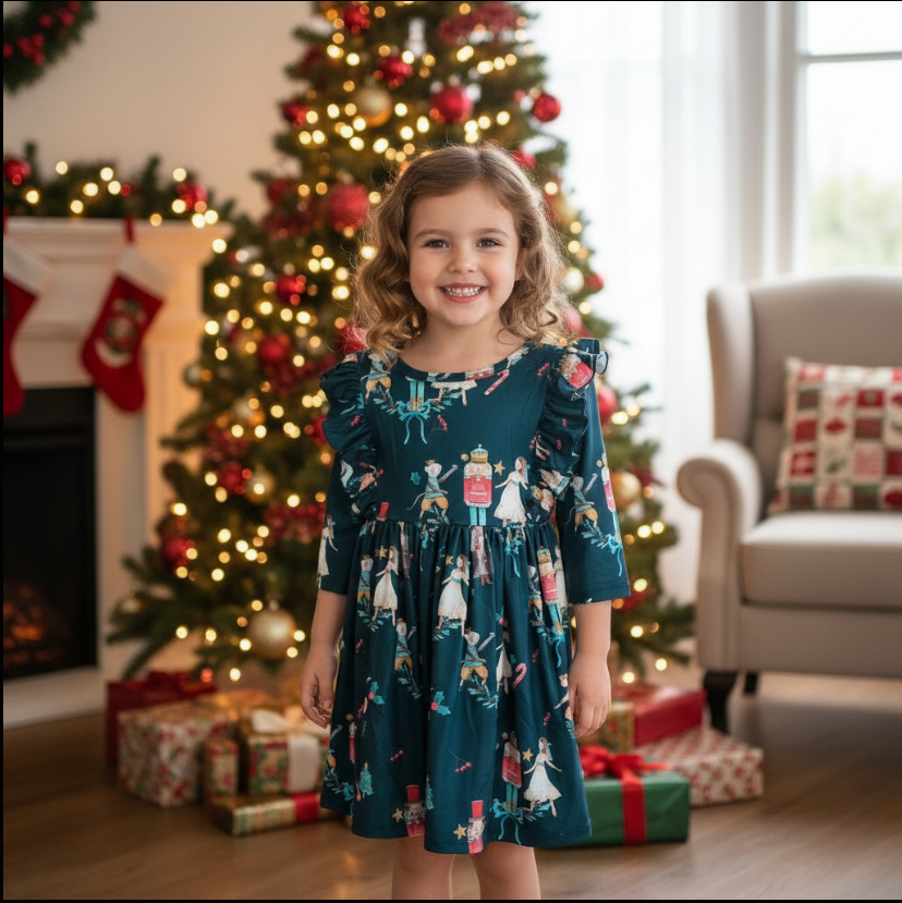 Girls Nutcracker Ballet Christmas Twirl Dress – Teal Holiday Outfit with Ruffle Sleeves & Festive Print