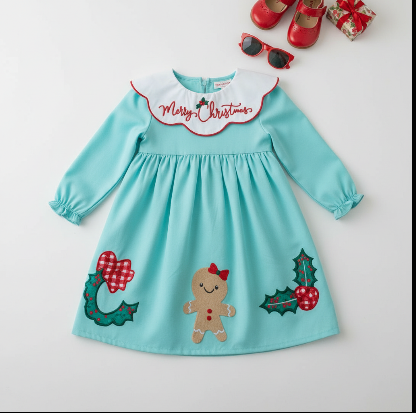 Girls Gingham Merry Christmas Dress – Light Blue Holiday Outfit with Embroidered Collar & Gingerbread Print
