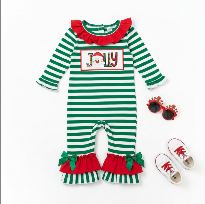 Girls Jolly Santa Stripe Romper – Green & White Holiday Outfit with Ruffle Cuffs and Santa Patch