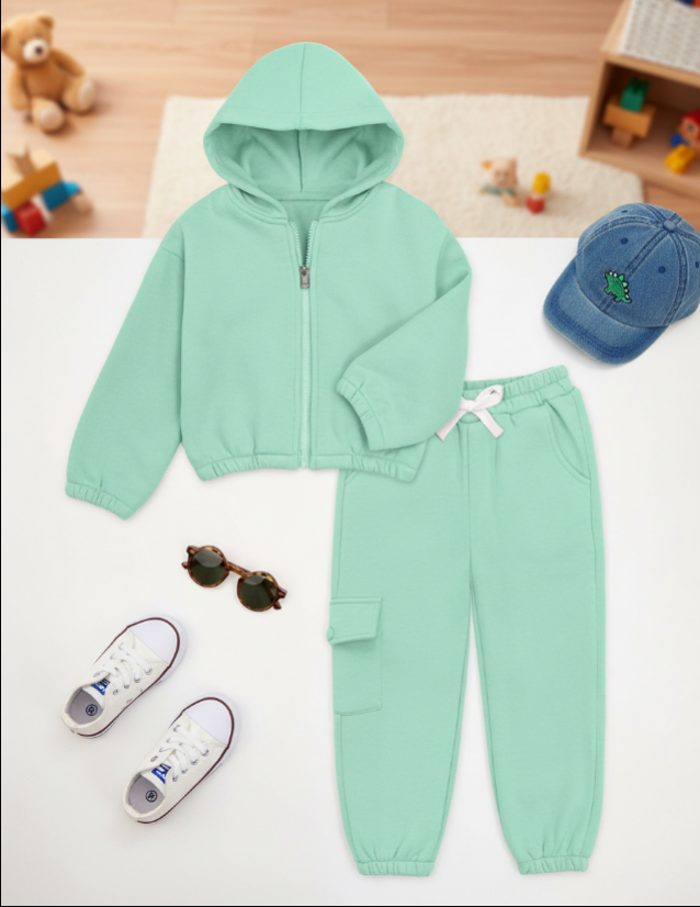Girls' 2-Piece Jogger Set – Zip-Up Hoodie & Cargo Pants in Mint Ribbed Knit