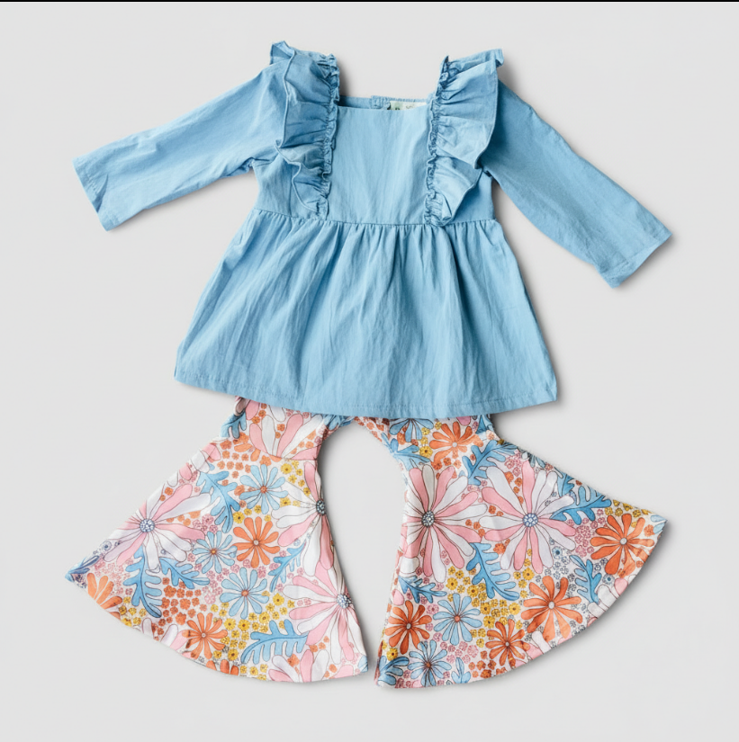 Girls Wildflower Bell Bottom Set – Light Blue Ruffle Top & Orange Floral Flare Pants