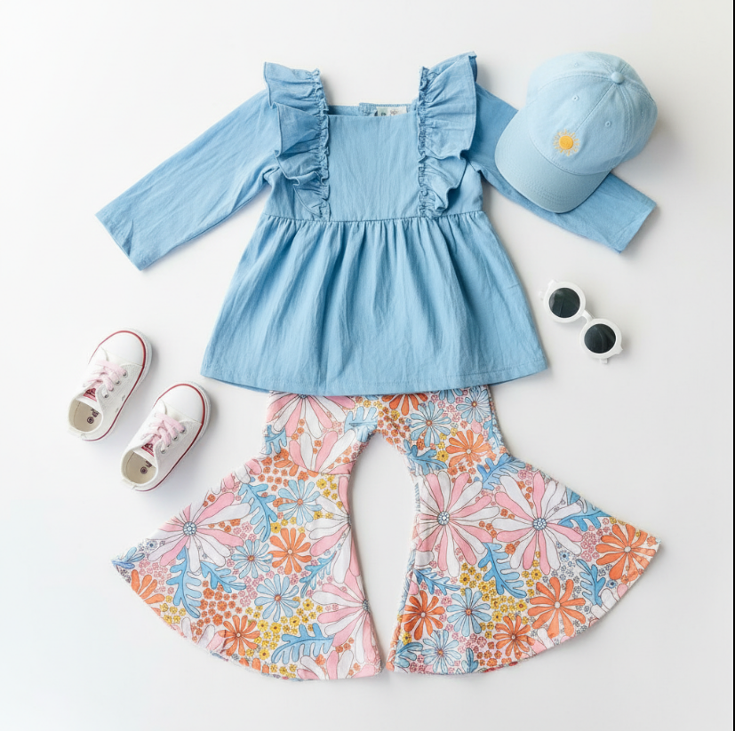 Girls Wildflower Bell Bottom Set – Light Blue Ruffle Top & Orange Floral Flare Pants
