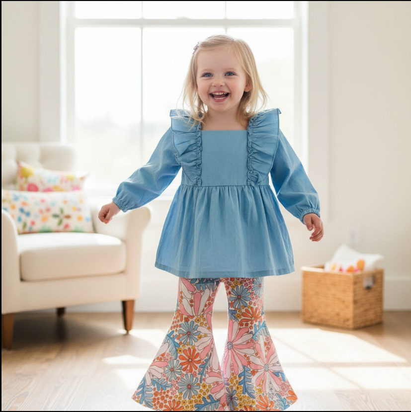 Girls Wildflower Bell Bottom Set – Light Blue Ruffle Top & Orange Floral Flare Pants