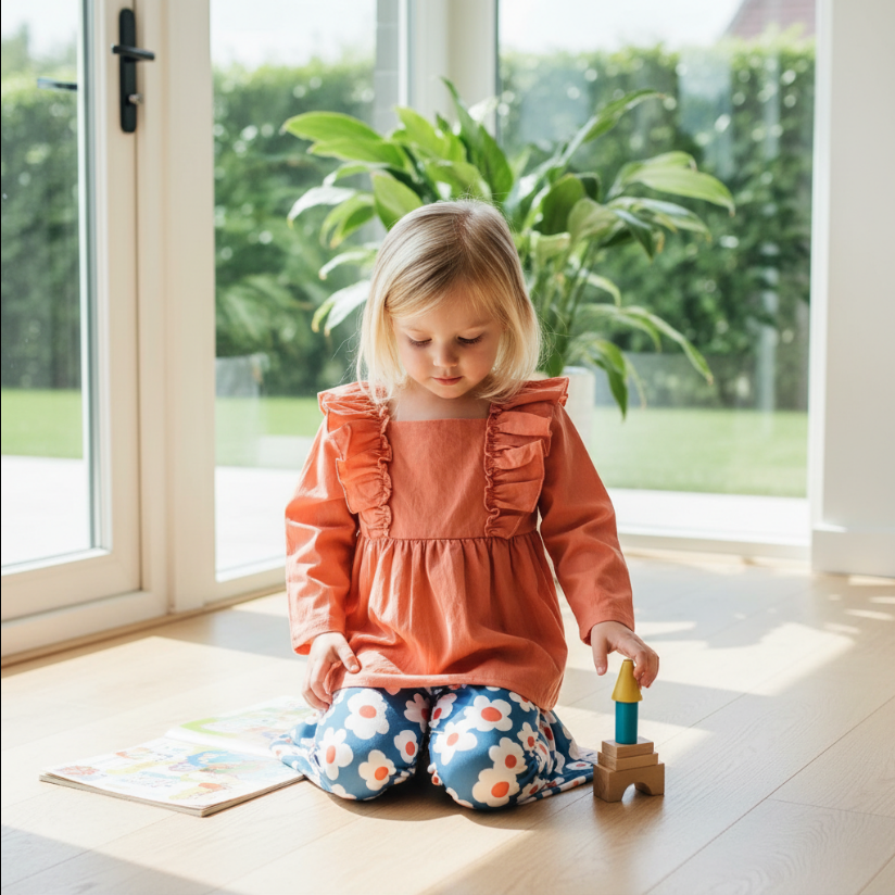 Girls Daisy Bell Bottom Set – Coral Ruffle Top & Navy Floral Flare Pants